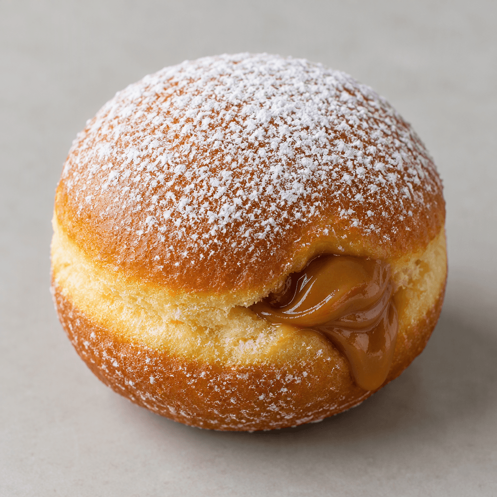 A round, golden-brown dough bun dusted with fine powdered sugar, with thick caramel-colored dulce de leche visible in its center and slightly oozing from the side.