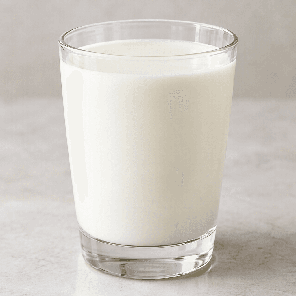 A smooth, opaque liquid with a uniform creamy white colour, poured into a clear glass and forming a level surface with a soft, glossy sheen.