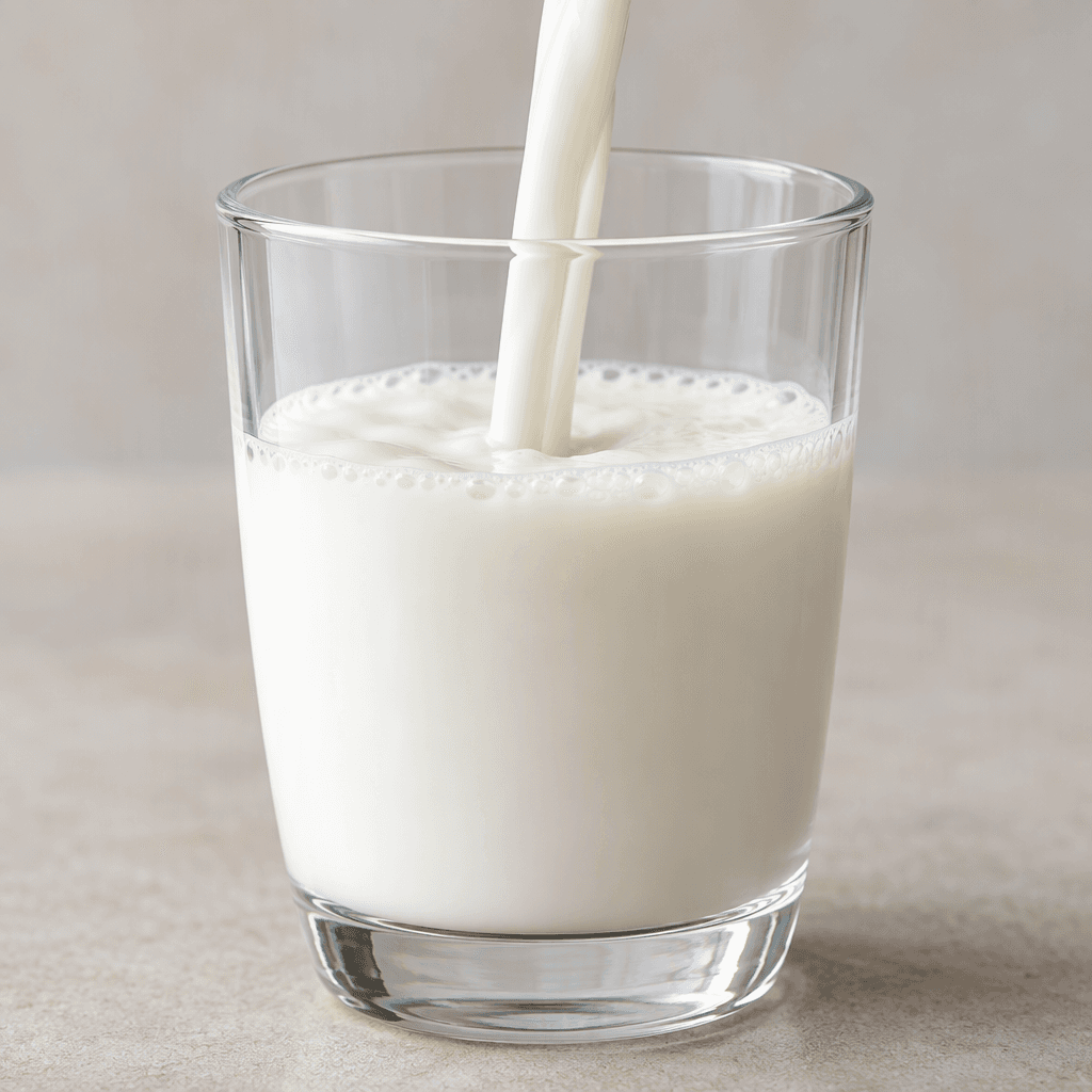 An opaque white, smooth and fluid milk with a slightly glossy surface, poured into a clear glass and forming a thin stream with a few small bubbles along the top.