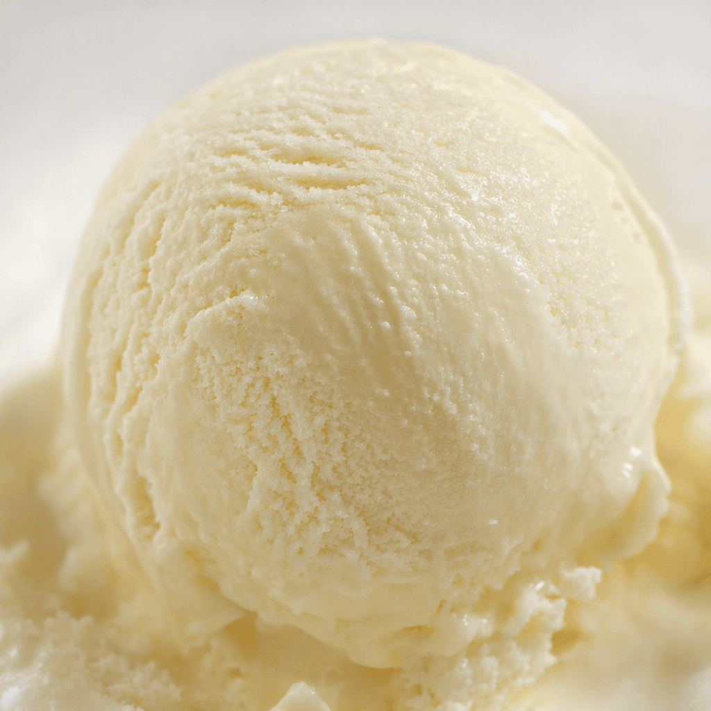 Smooth, pale cream-colored milk ice cream sits in a soft, rounded scoop with a slightly glossy surface and faint scoop ridges.