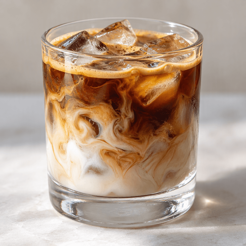 Şeffaf bir bardakta buzların üzerinde duran çift espresso, koyu kahverengi kahvenin arasına karışan açık renkli süt izleriyle görünür.