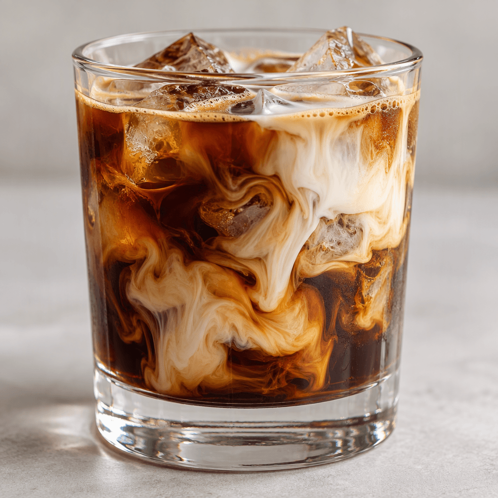 A clear glass holds dark espresso over chunky ice cubes, with pale milk swirling through the coffee in creamy ribbons.