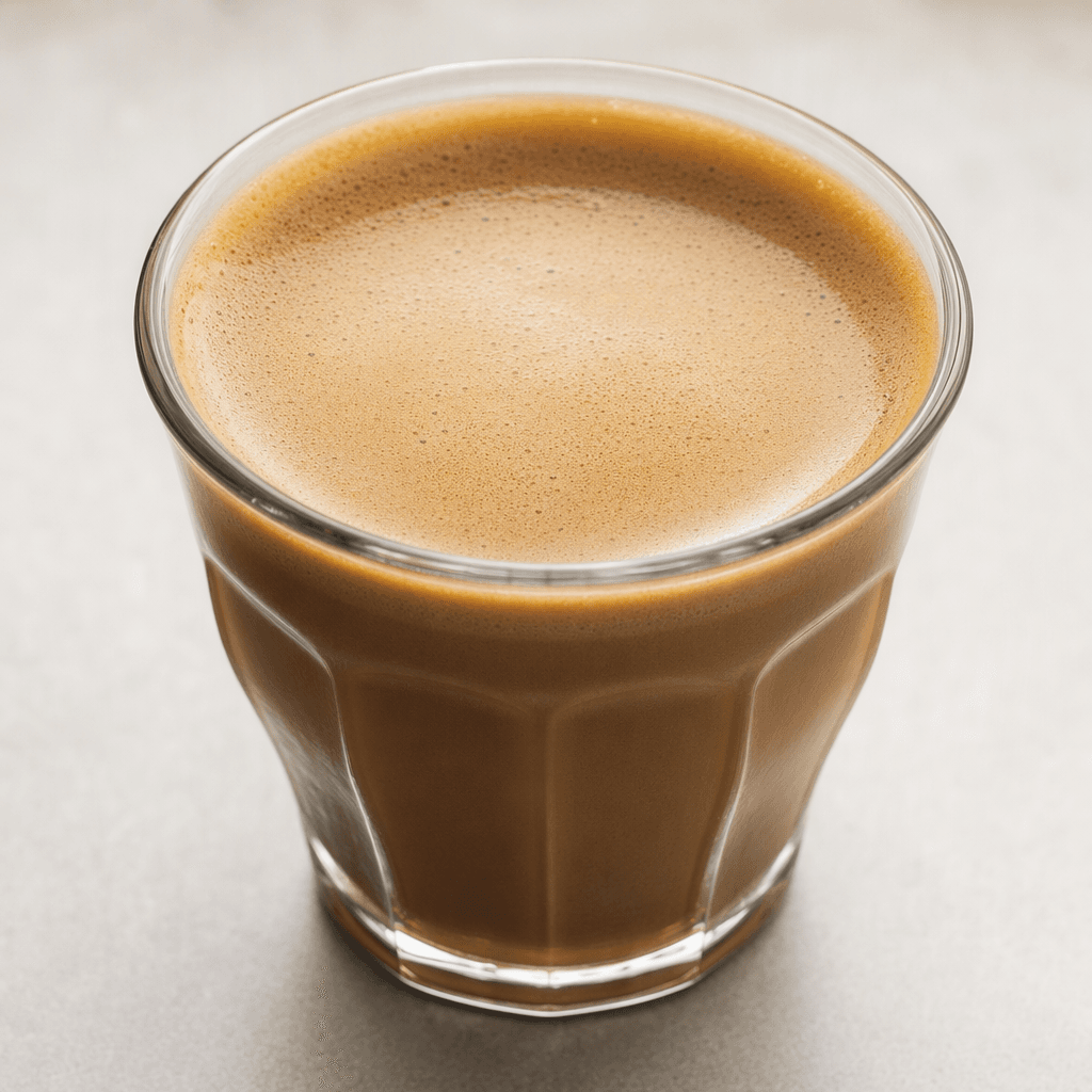 Koyu kahverengi espresso ile tam yağlı sütün karıştığı küçük fincanın yüzeyi pürüzsüz açık kahverengi, kenarlarında ince bir altın renkli krema halkası vardır.