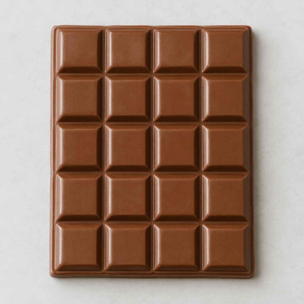Smooth, glossy light-to-medium brown chocolate formed into a rectangular bar with cleanly divided square or rectangular sections and slightly softened edges.