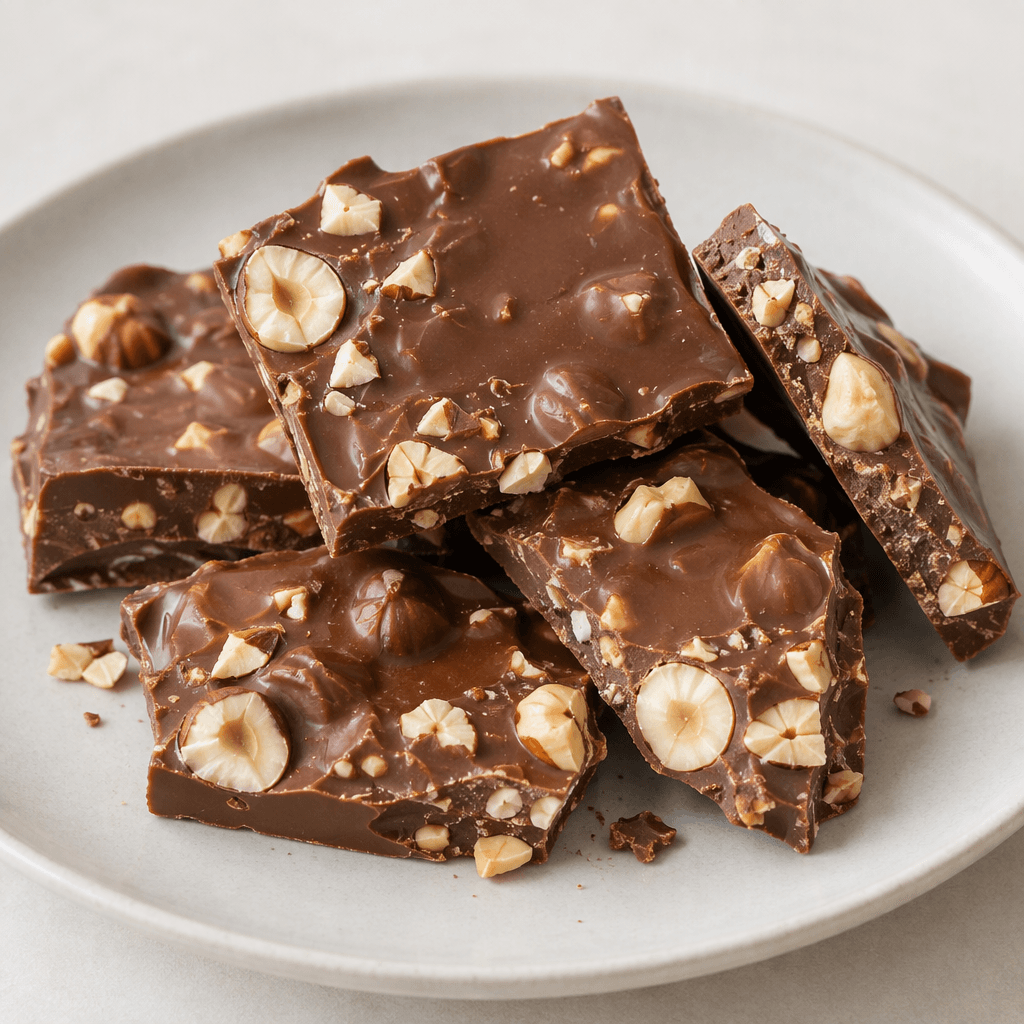 A glossy medium-brown milk chocolate bar broken into irregular pieces, with creamy beige hazelnut halves and chopped fragments visibly embedded throughout its smooth surface, arranged on a plain plate.