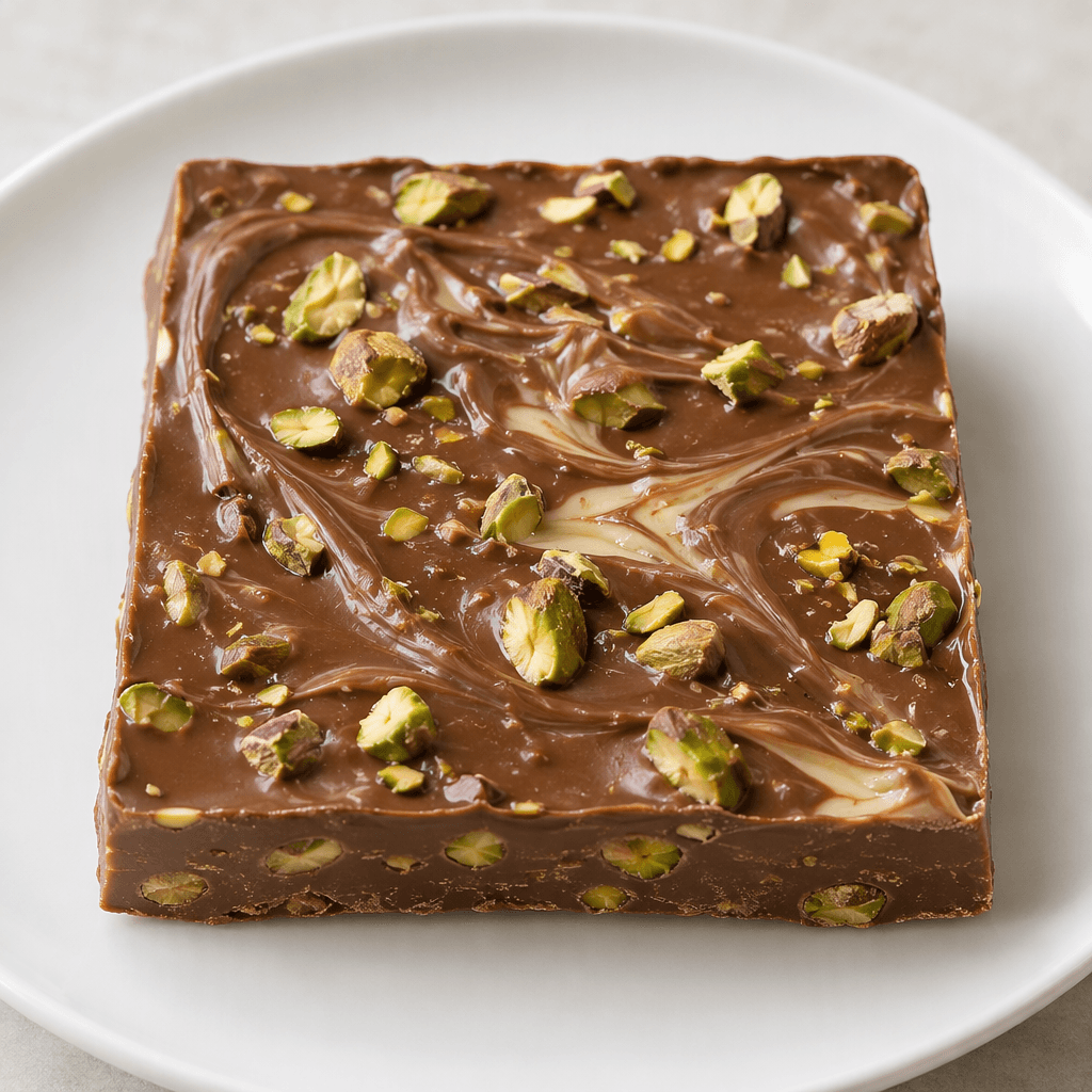 A thick, glossy milk-chocolate slab with a warm medium-brown surface, scattered with irregular pale-green pistachio pieces and visible creamy swirls, served on a plain plate.
