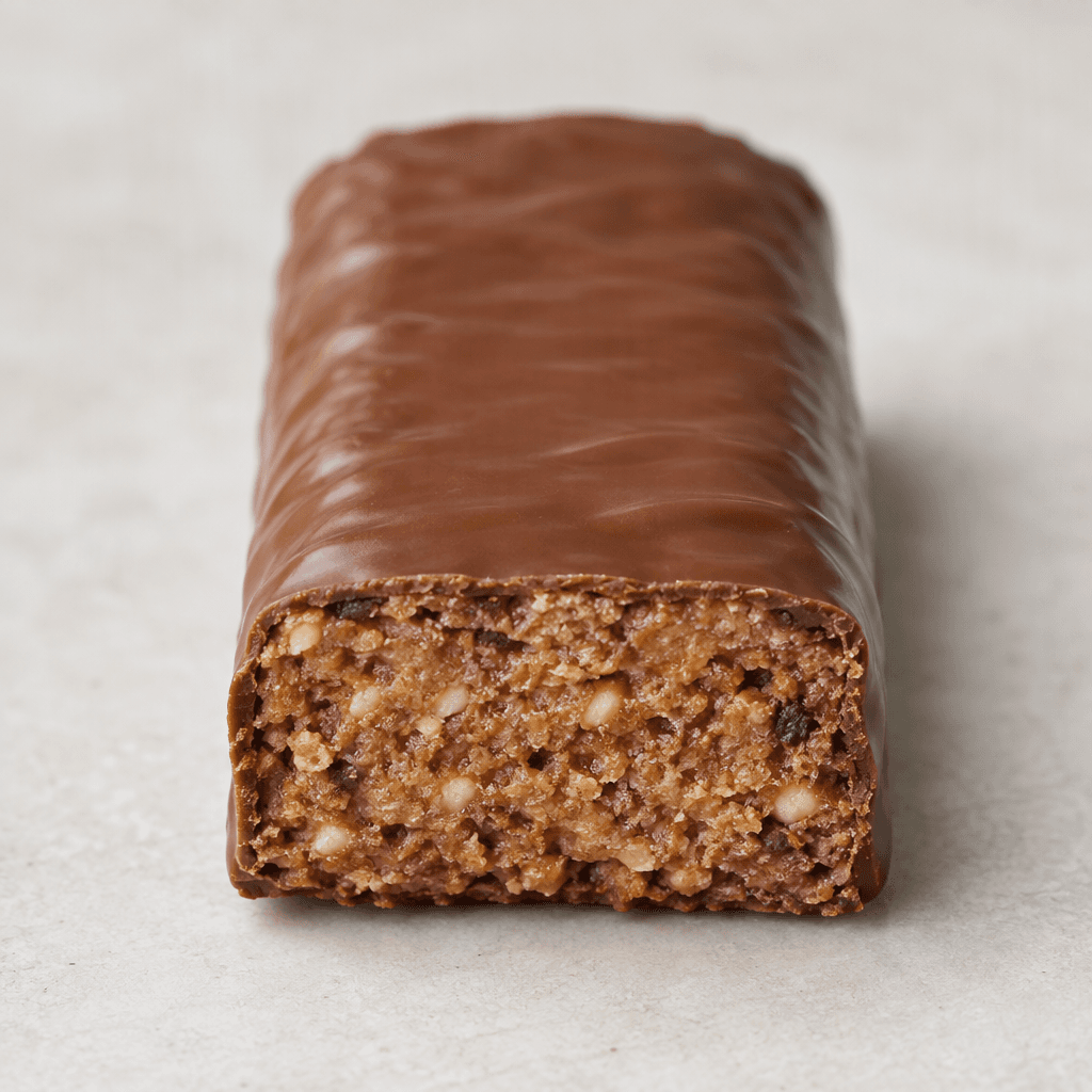 A rectangular protein bar coated in smooth milk chocolate, with a dense, slightly textured interior visible at a cut end.