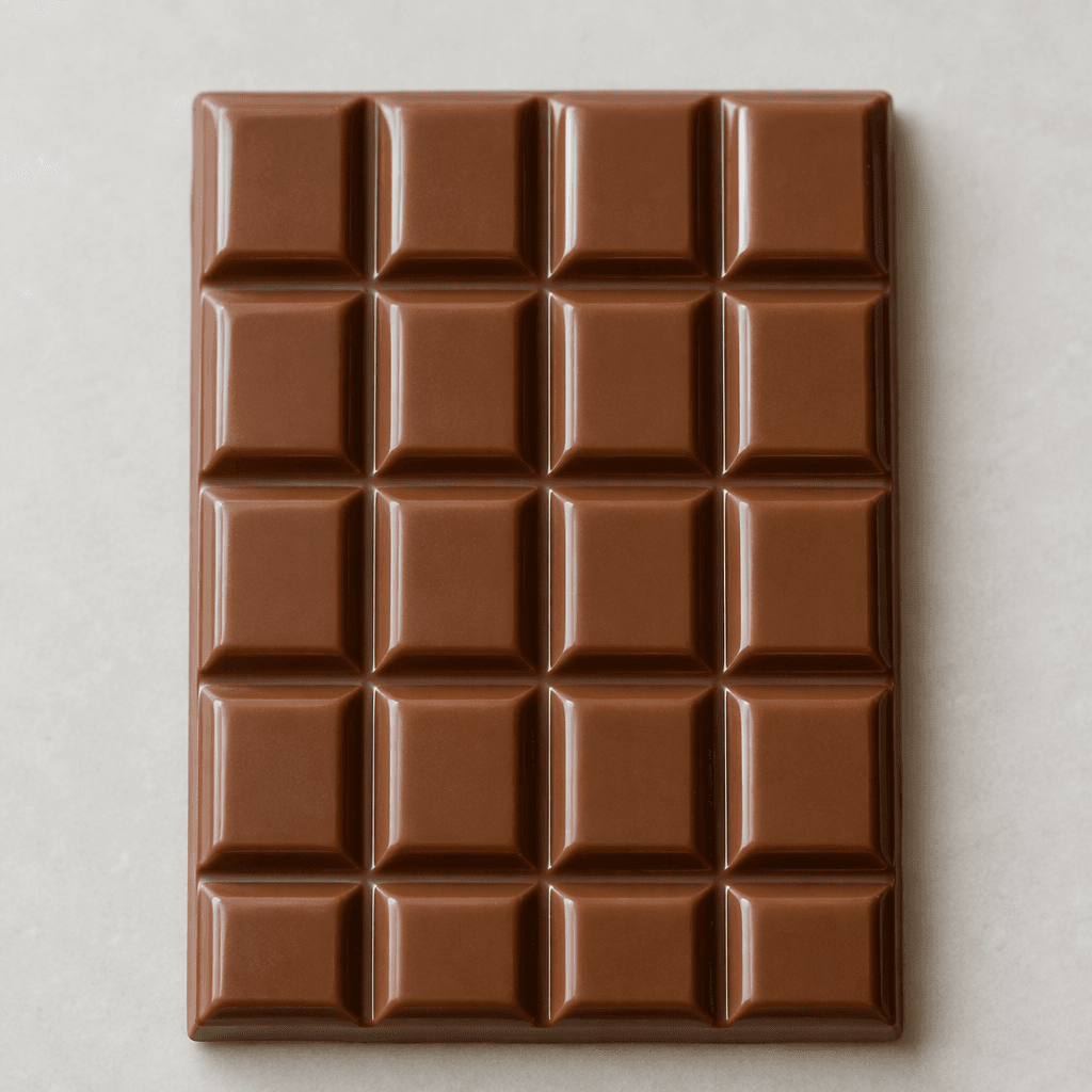 A smooth, glossy milk-chocolate-brown bar divided into neat rectangular segments, with clean edges and a firm, slightly reflective surface.