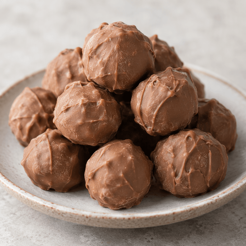 Small, rounded milk-chocolate truffles with a rich light-brown coating and a faintly uneven, matte surface are arranged on a plate.