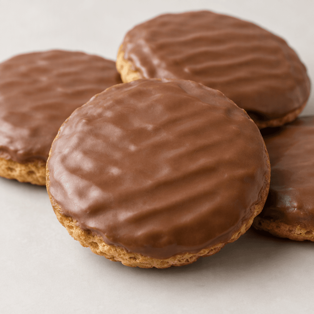 A crisp, golden-brown biscuit with a visible crumbly edge is covered in a smooth, medium-brown milk-chocolate coating, with several biscuits arranged on a plain surface.