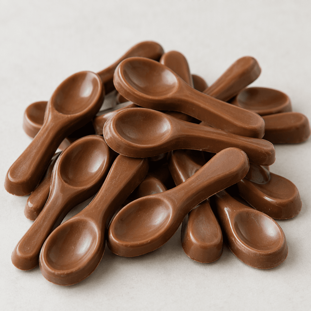 Small, glossy milk-chocolate pieces shaped like miniature spoons, with rounded bowls and short handles.