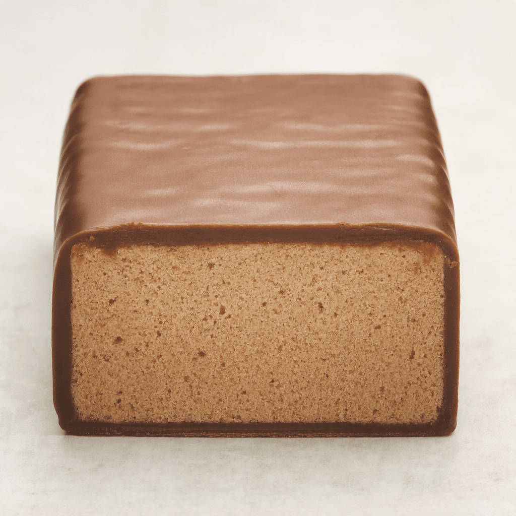 A rectangular piece of milk-chocolate nougat, with a smooth medium-brown chocolate coating and a cut face showing a pale, soft, finely porous centre.