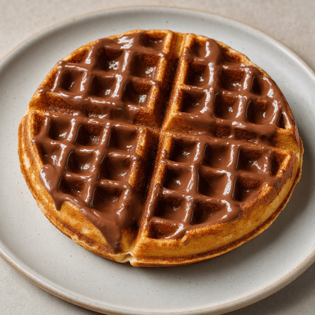 Kare gözlü, altın sarısı kızarmış waffle bir tabakta servis edilir; üzeri parlak sütlü çikolatayla kaplıdır.