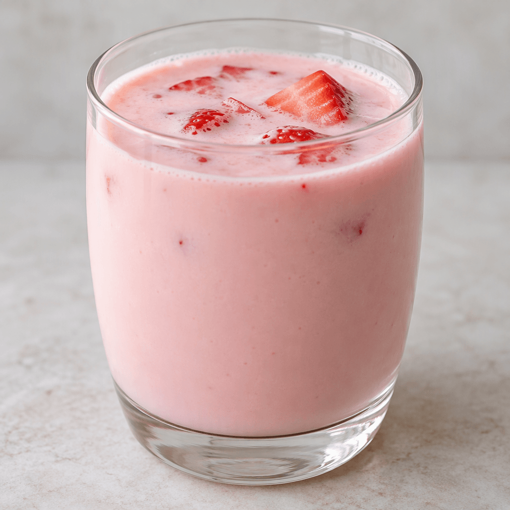 A smooth, opaque pale-pink strawberry milk drink fills a clear glass, with a few small strawberry pieces visible near the surface.