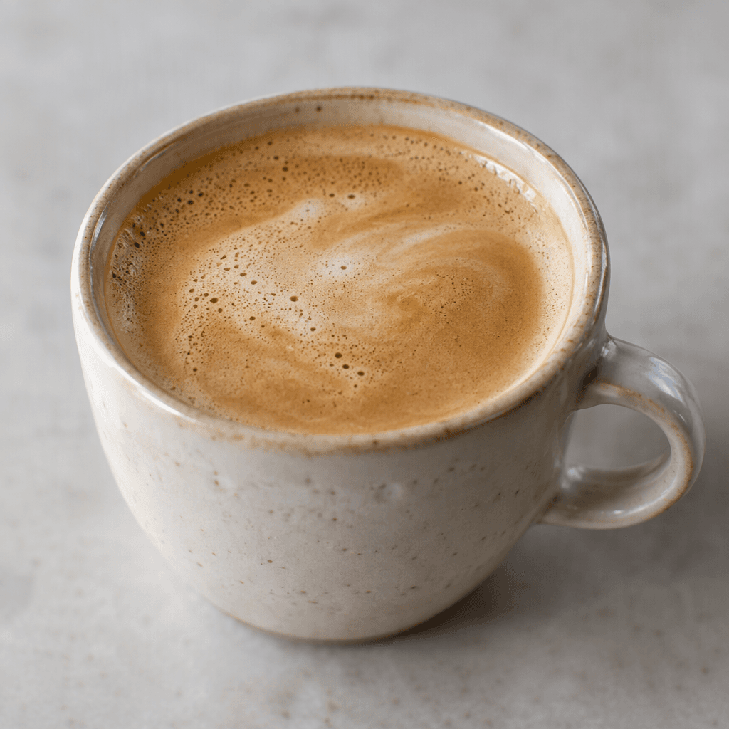 A small cup of espresso mixed with milk, appearing smooth and creamy light brown with a thin pale foam on top.