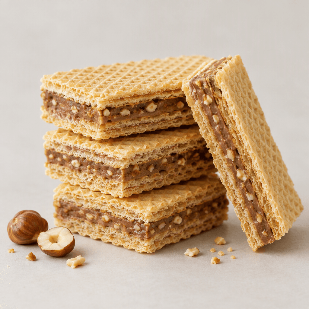 Rectangular golden-beige wafer pieces show thin, crisp layers separated by smooth light-brown hazelnut cream, with a few tiny hazelnut pieces visible in the filling.