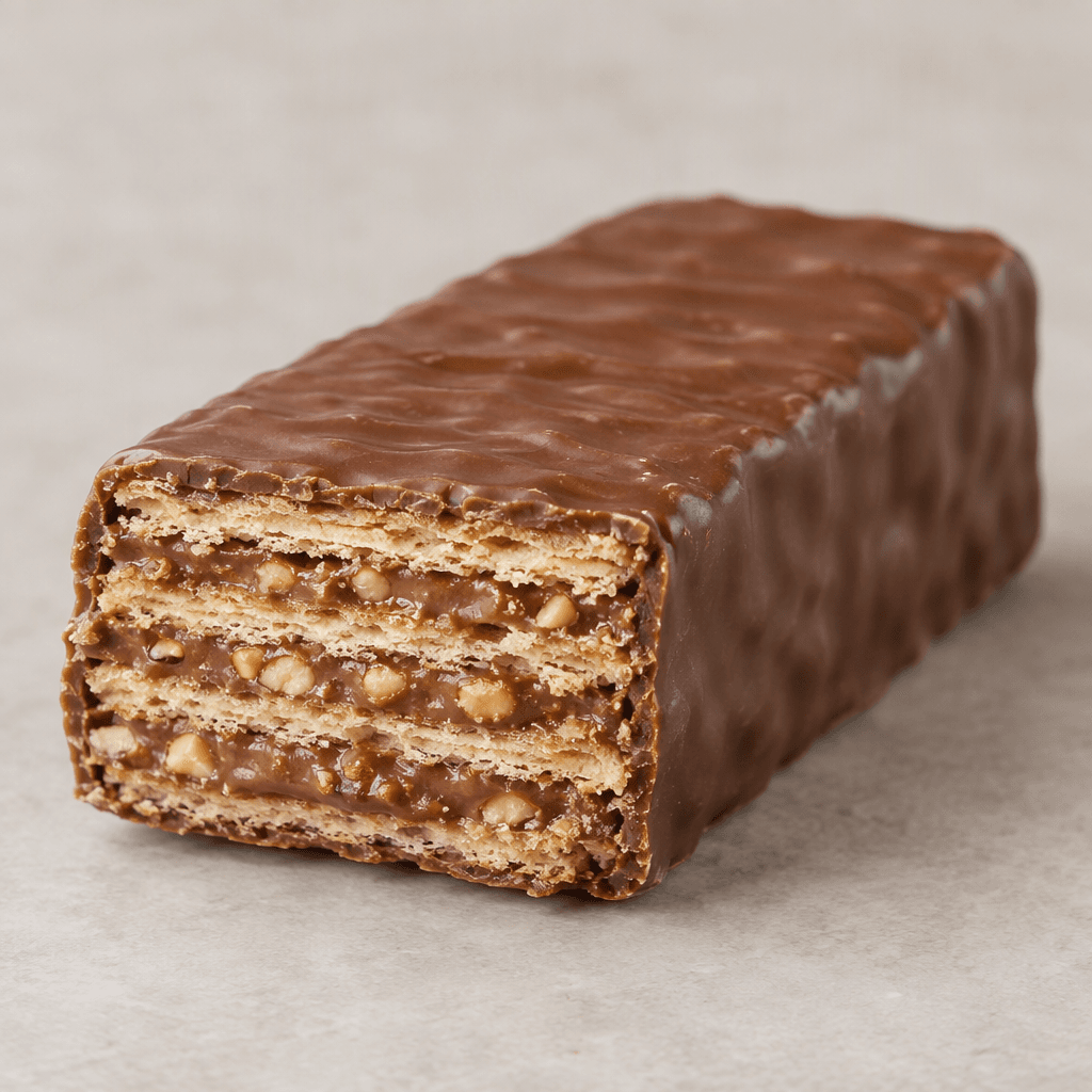 A rectangular wafer with crisp, pale-golden layers and visible milk-chocolate cream and finely chopped hazelnuts between them, coated in smooth milk chocolate with a cleanly cut edge.