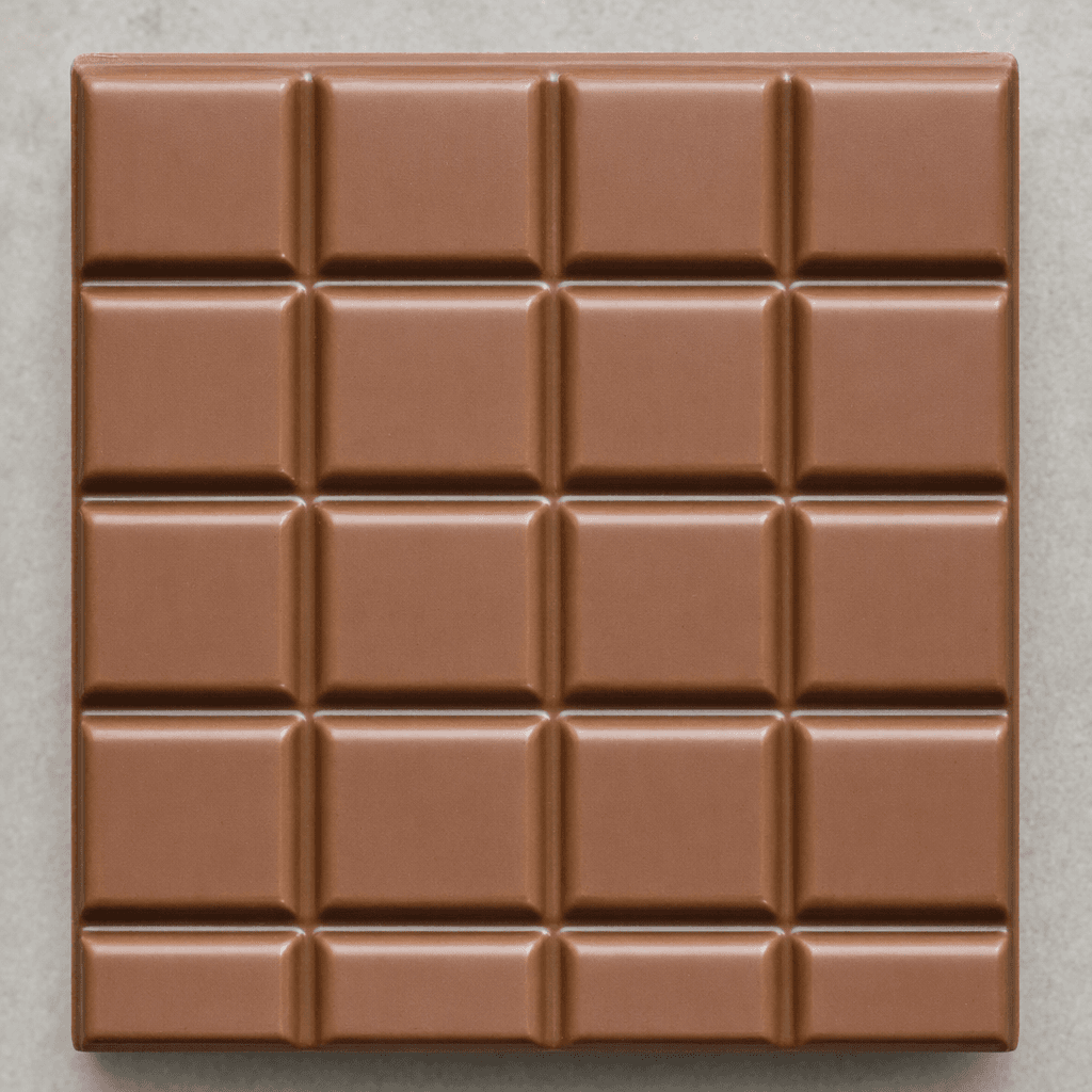 A smooth, medium-brown milk chocolate bar divided into neat rectangular squares, with a soft sheen and clean edges.