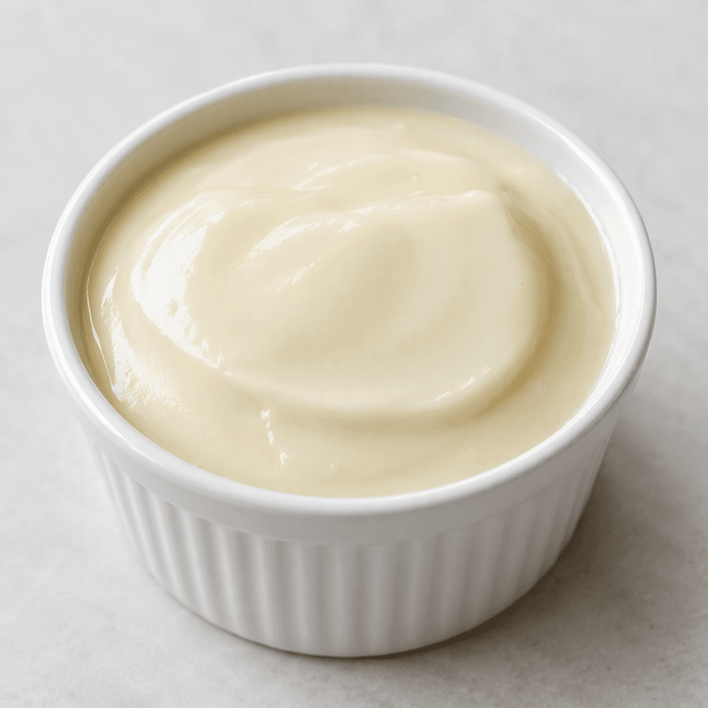 A smooth, thick, glossy off-white pudding with a softly set surface, served in small individual bowls or cups.