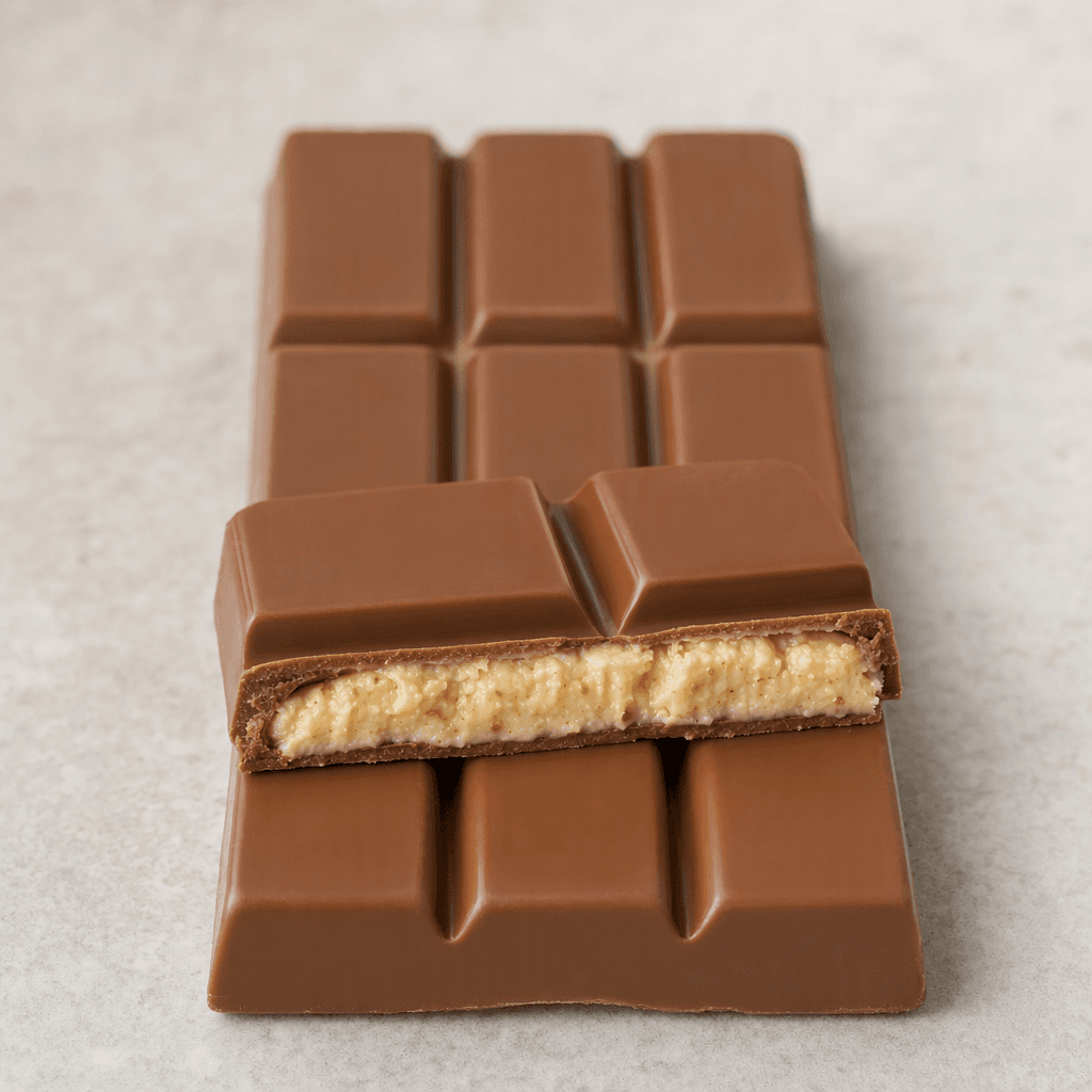 A slim rectangular milk-chocolate bar with a smooth brown coating, divided into neat segments, with a pale hazelnut filling visible where a piece is broken open.