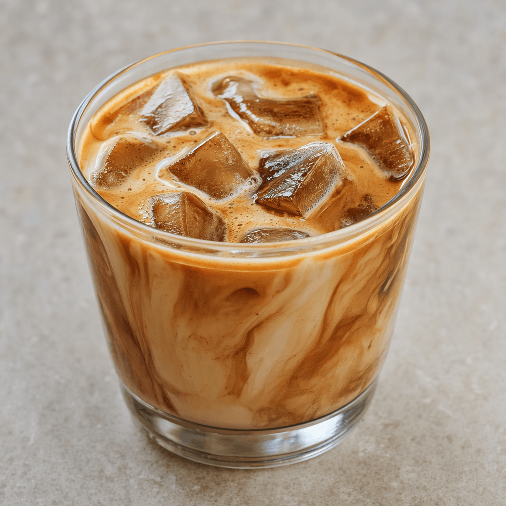A creamy light-brown iced coffee with visible ice cubes and darker chocolate-colored swirls, served in a clear glass.