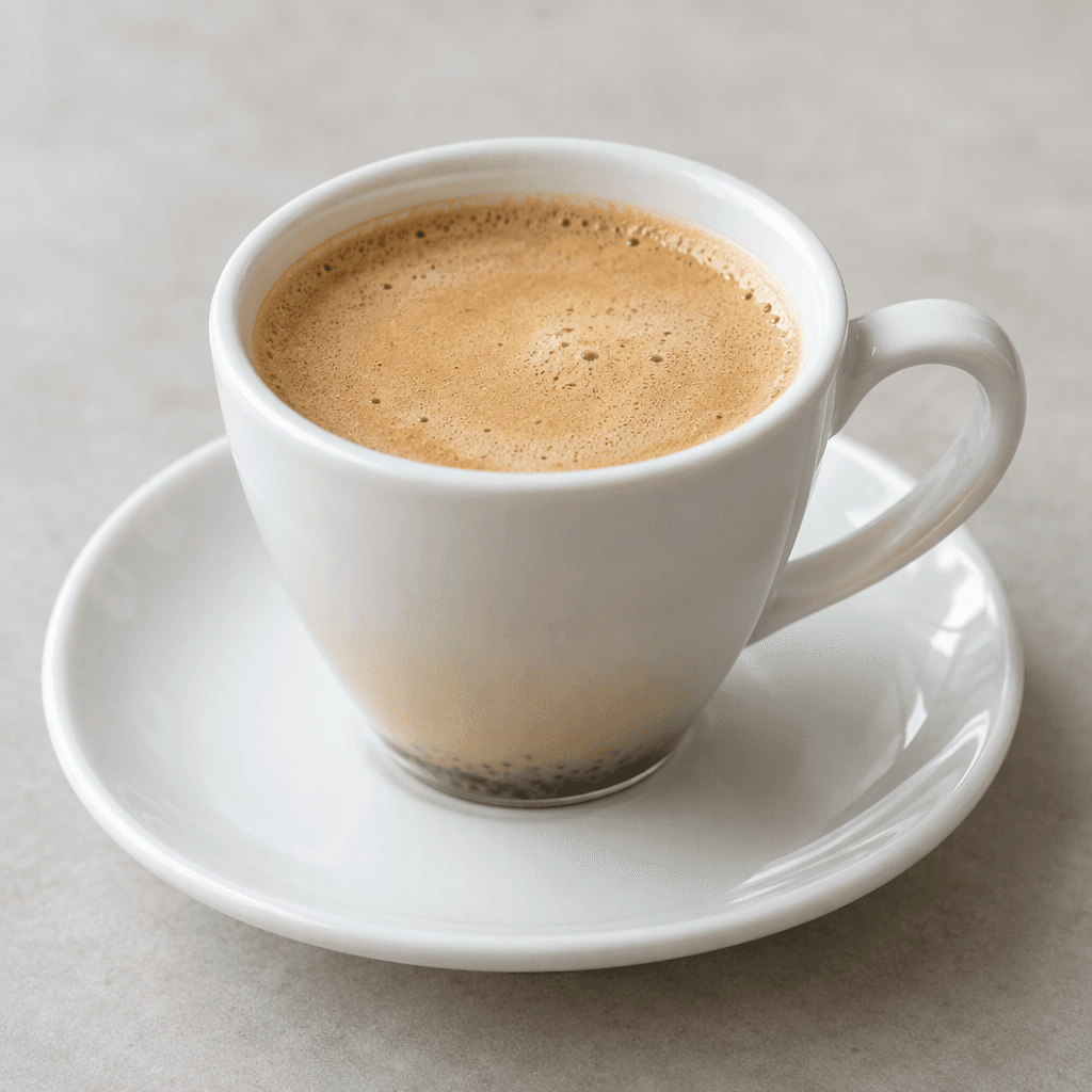 An opaque, creamy light-brown coffee with a thin layer of fine foam, served in a small porcelain cup on a matching saucer, with a few dark coffee grounds settled at the bottom.