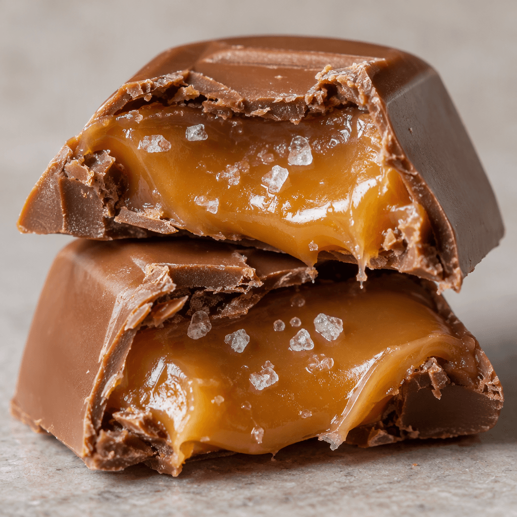 Milk-chocolate pieces with a smooth, glossy brown surface are broken open to show a thick golden-caramel centre dotted with tiny salt crystals.
