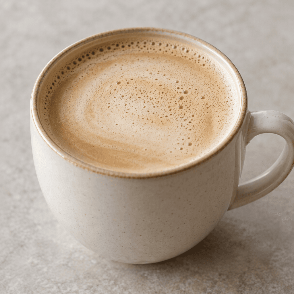 A cup of light beige-brown coffee with milk, its smooth surface topped with a thin layer of fine, pale foam.