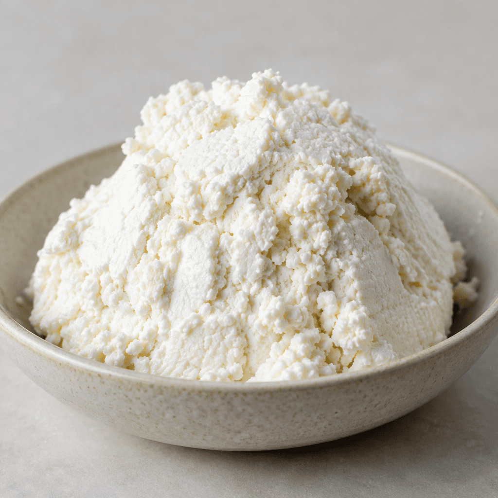 A mound of white strained cheese with a dense, moist, slightly crumbly texture, served in a shallow dish.