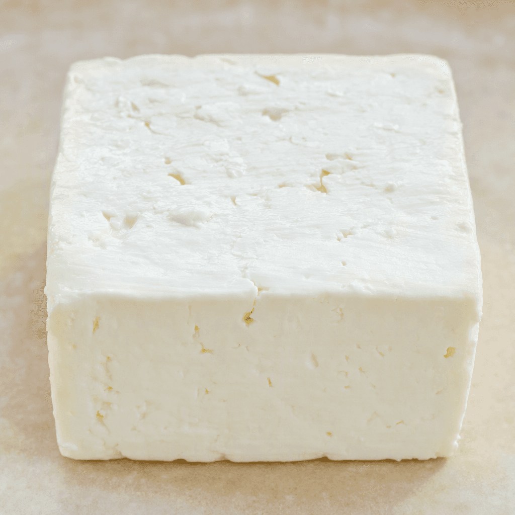 A compact block of bright white cheese with a smooth, dense surface and clean cut edges that look slightly soft and creamy.