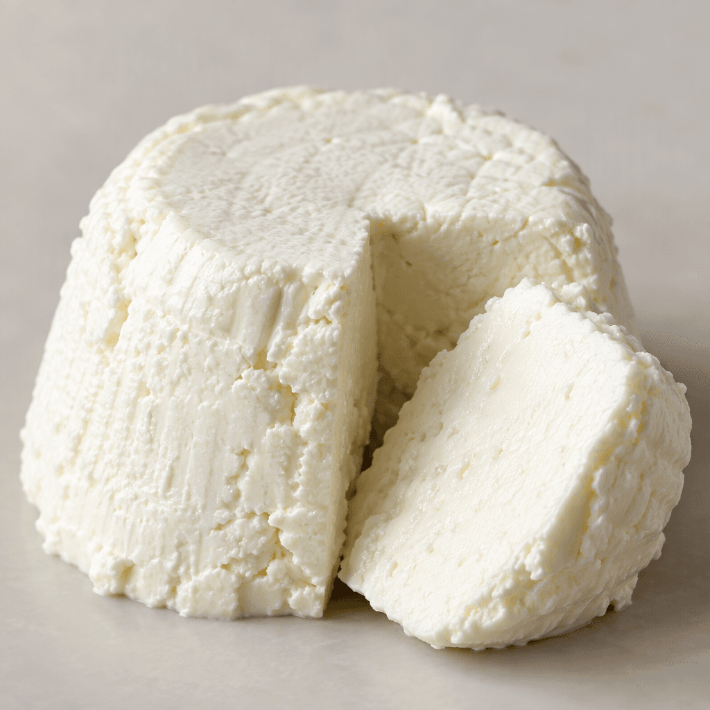 A compact, creamy-white mound of full-fat strained cheese with a dense, smooth yet faintly crumbly texture and a slight moist sheen, served in thick pieces.