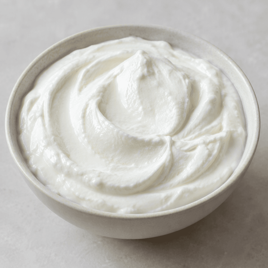 Thick, smooth white yogurt with a dense, creamy texture, piled in a shallow bowl with soft spoon-swirled ridges on its surface.
