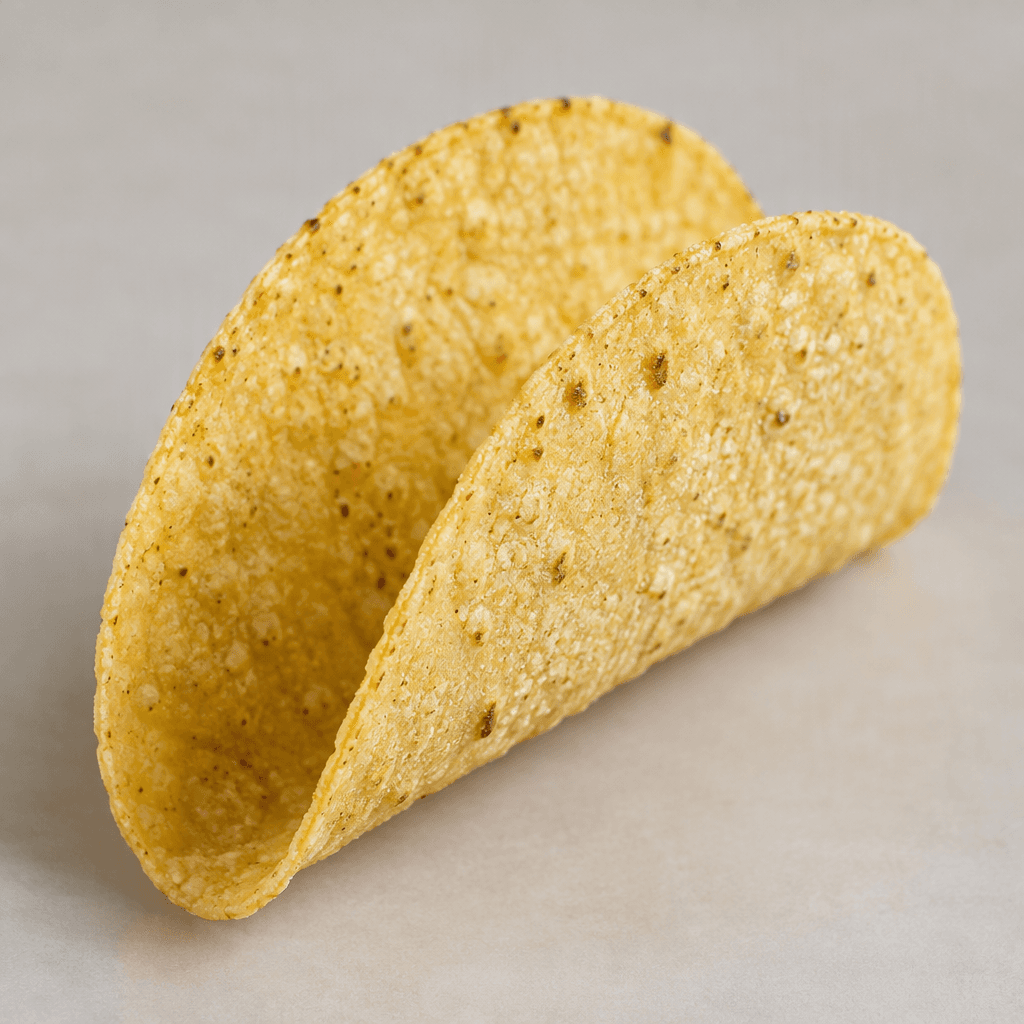 A thin, round, pale-yellow corn tortilla folded into a rigid U-shaped shell, with a lightly blistered, grainy surface and crisp-looking edges.