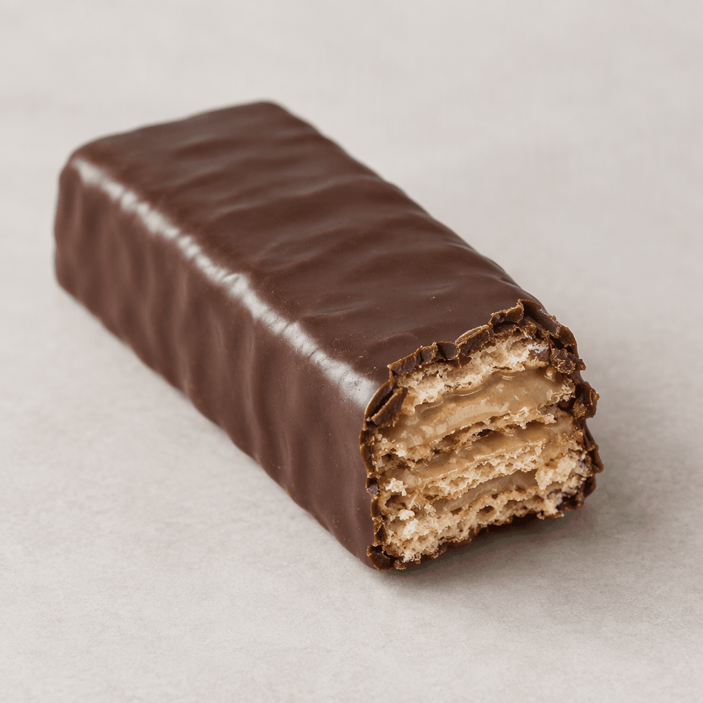 A slim rectangular confection covered in dark brown chocolate, with a smooth, slightly glossy surface and a broken edge revealing pale beige hazelnut cream layered between thin crisp wafers.