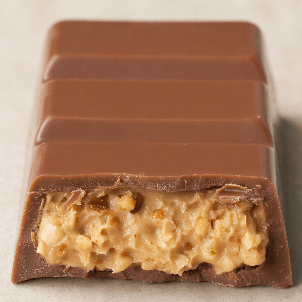 A rectangular milk-chocolate bar with shallow molded segments, its smooth medium-brown shell broken open to reveal a pale tan hazelnut filling with small nut pieces.