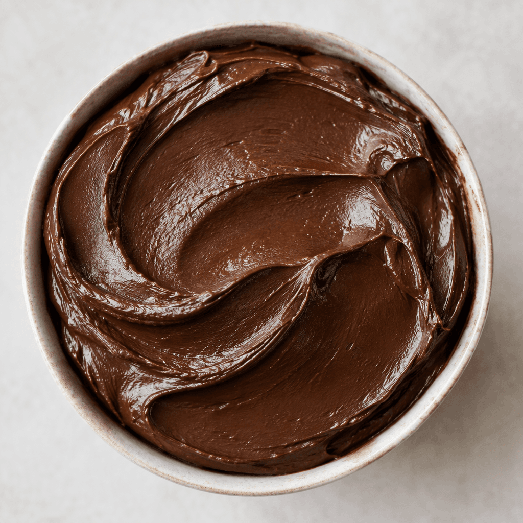 A thick, smooth, dark-brown chocolate spread with a slight sheen and soft swirls across its surface.