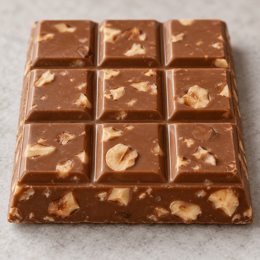 A rectangular milk-chocolate bar divided into raised sections, with pale hazelnut pieces visible throughout its smooth brown surface.