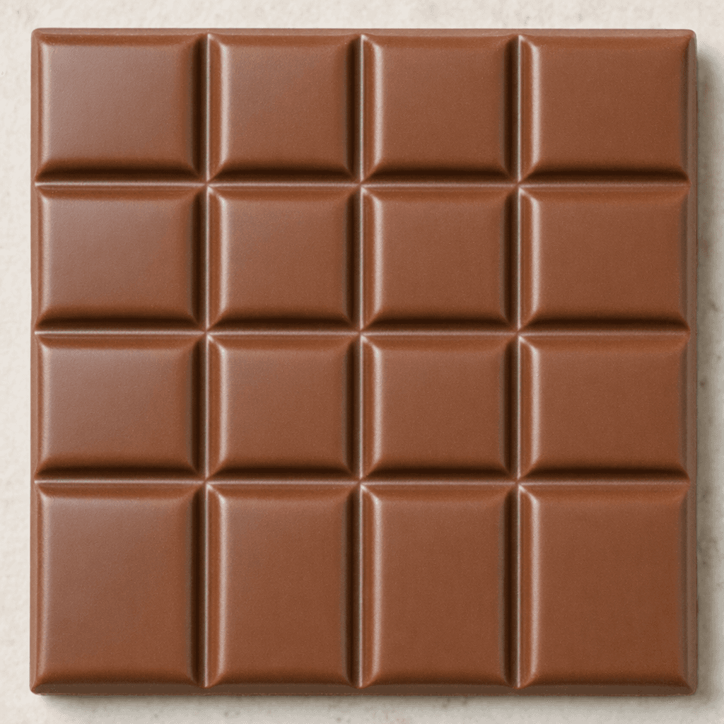 A rectangular milk-chocolate bar with a smooth, medium-brown surface divided into neat raised sections.