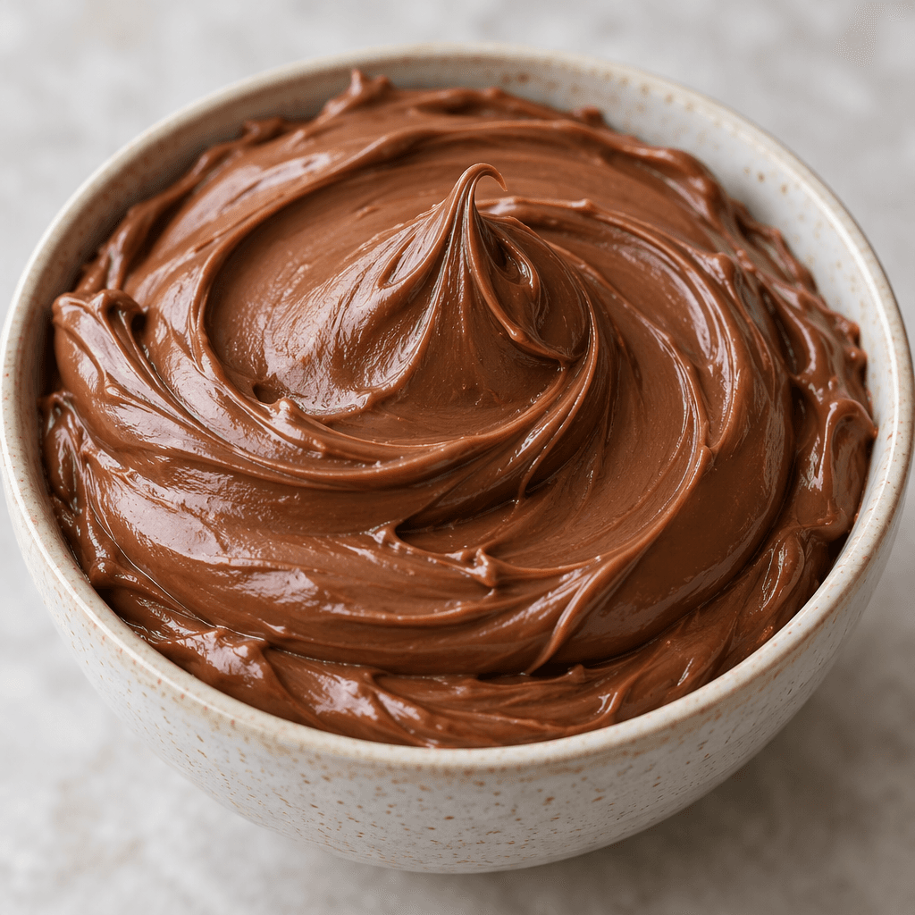 A thick, smooth chocolate-brown hazelnut spread with a soft sheen, gathered in a gently swirled mound.
