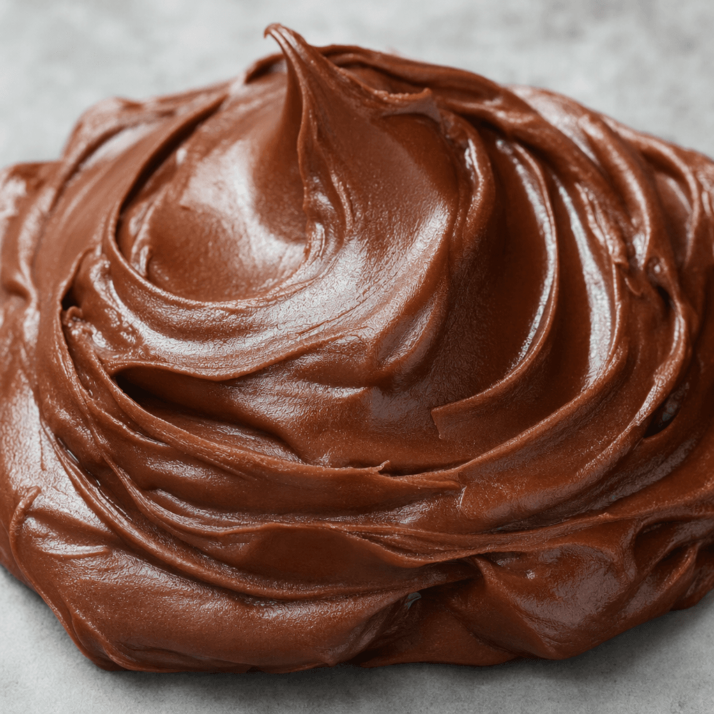 A thick, smooth, glossy dark-brown chocolate spread sits in a soft mound, with curved swipe marks and a creamy sheen.