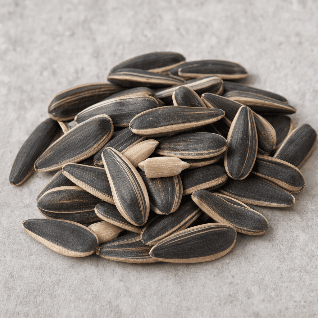 A small pile of elongated sunflower seeds in their dark, finely striped shells, with a few pale kernels visible among them.