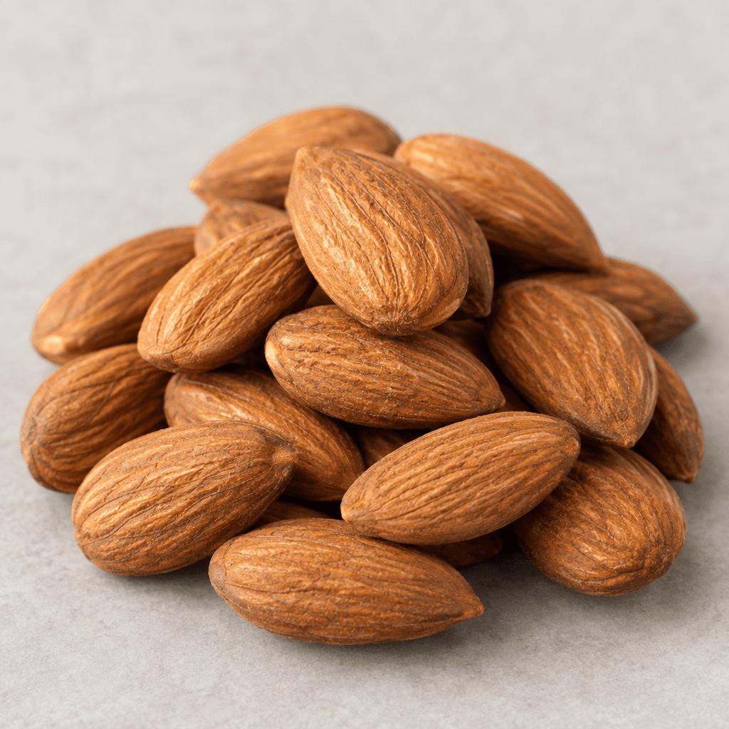A small pile of whole almonds with warm brown, lightly wrinkled skins, each oval and tapered at the ends.
