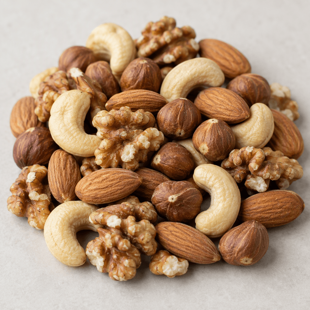 A loose mix of whole, unroasted nuts, including smooth pale-beige almonds and curved cashews, round brown hazelnuts, and irregular ridged walnut pieces, with natural matte surfaces.