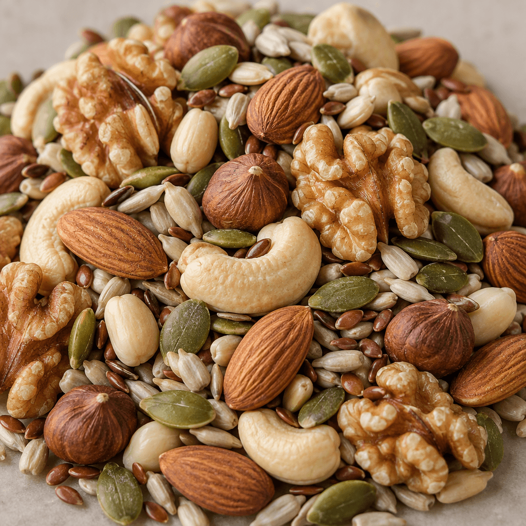 A loose mix of whole, unroasted nuts and seeds in natural cream, tan, brown, and muted green tones, with smooth oval kernels, ridged pieces, and smaller seed shapes.