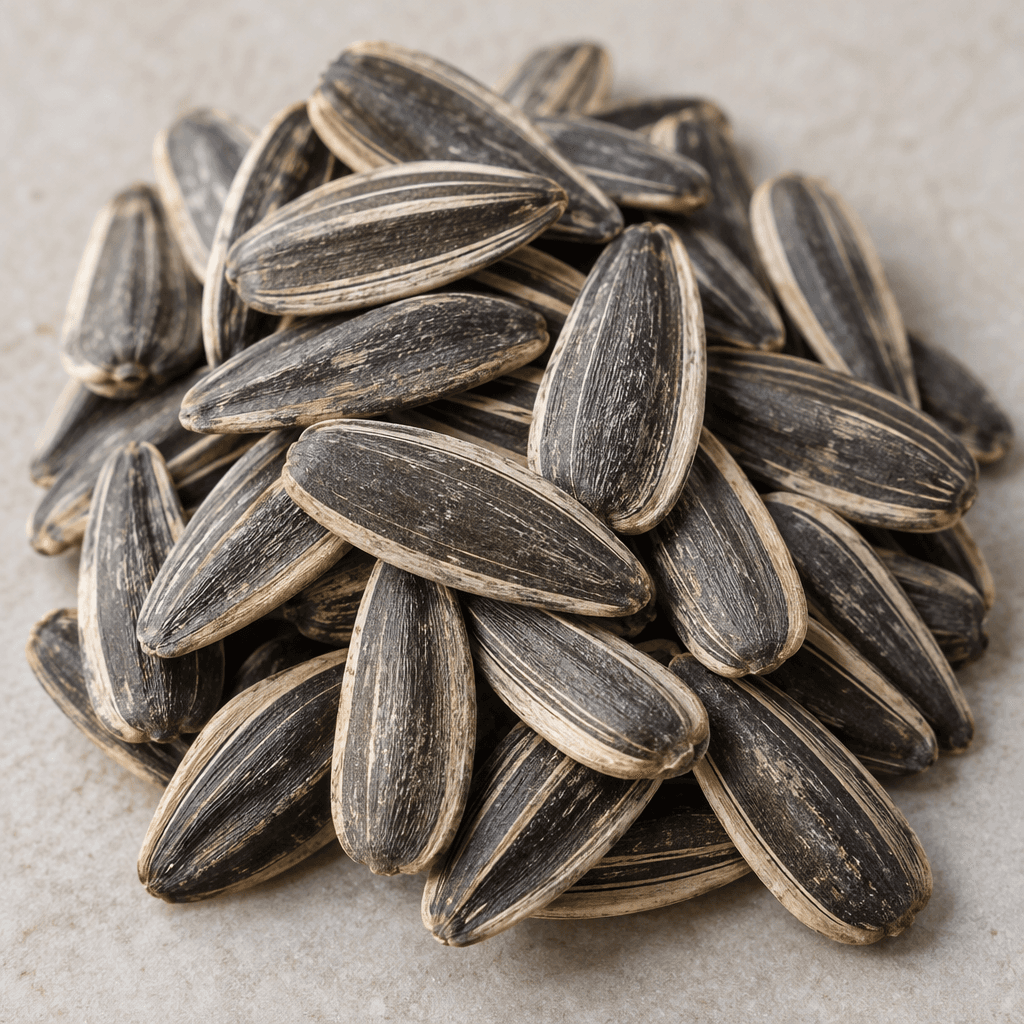 A small pile of elongated, pointed sunflower seeds in dark gray-black shells with fine pale stripes and a slightly dry, matte surface.