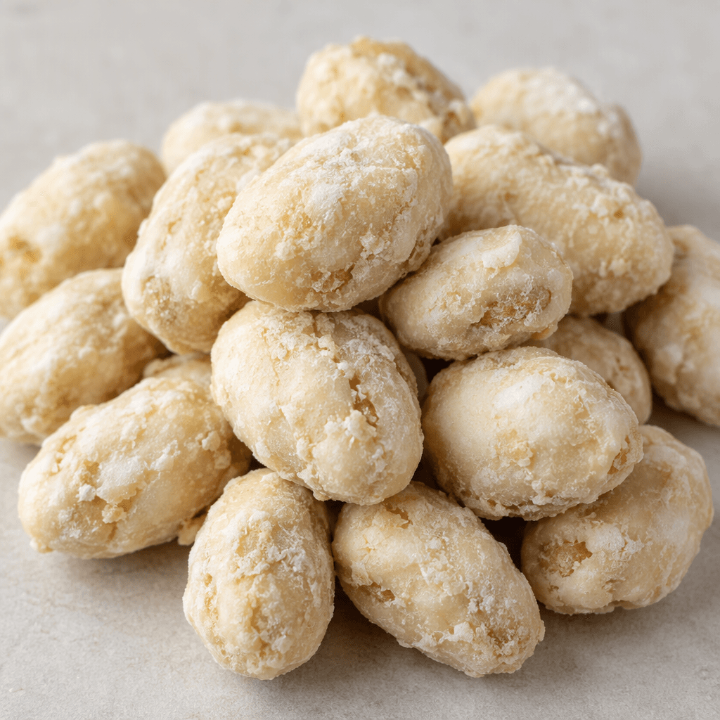 A small pile of oval peanuts covered in a thick, uneven pale cream-colored coating with a slightly rough, powdery surface.