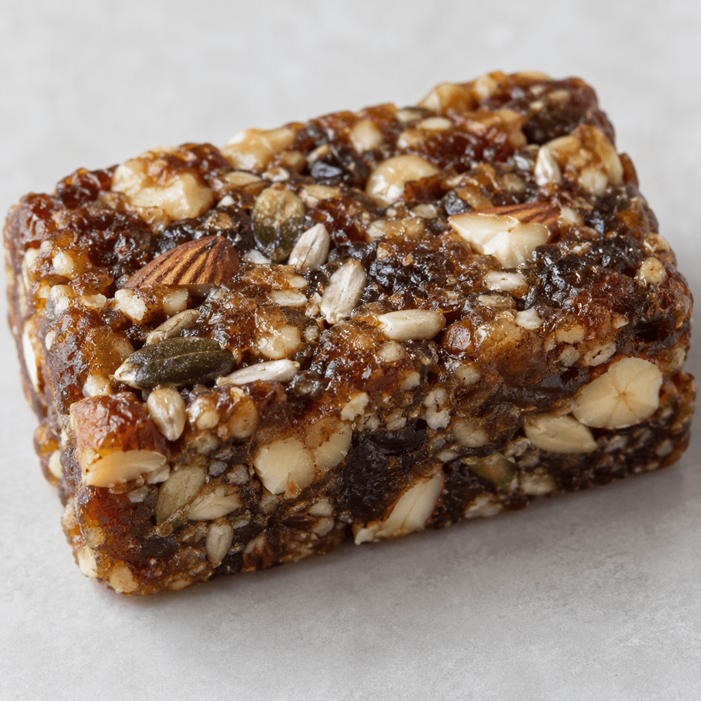 A small, roughly rectangular bar with a dense, uneven surface of brown dried fruit and chopped nuts, with pale nut pieces and seeds visible throughout.