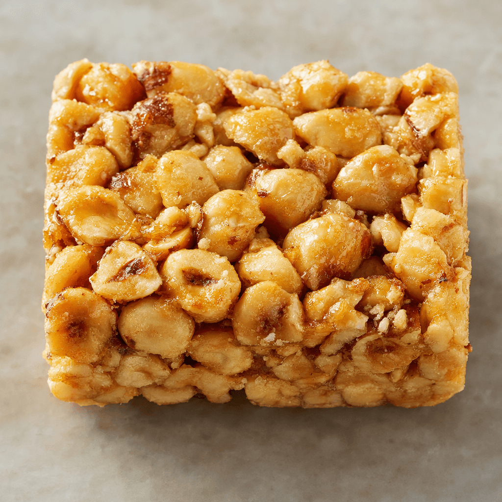 A compact, roughly rectangular bar of golden-brown hazelnuts, with whole and broken nuts visibly pressed together in a slightly glossy binder and a rough, uneven surface.