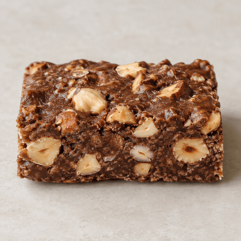 A compact rectangular bar with a slightly uneven brown surface, densely studded with visible hazelnut pieces.