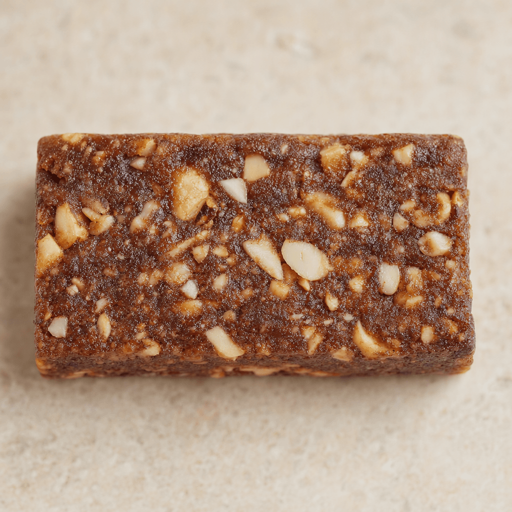 A compact, rectangular brown bar with a slightly rough surface and visible pieces of hazelnut embedded throughout.
